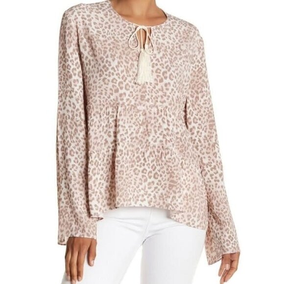 Marchesa Rose Leopard Print Self Tie Blouse Flared Sleeves Hi-Lo Boho Festival S - Picture 1 of 8